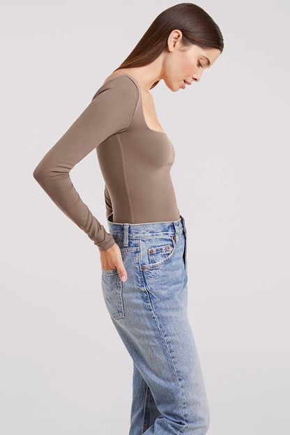Long Sleeve Wide Square Neck Bodysuit | Mocha