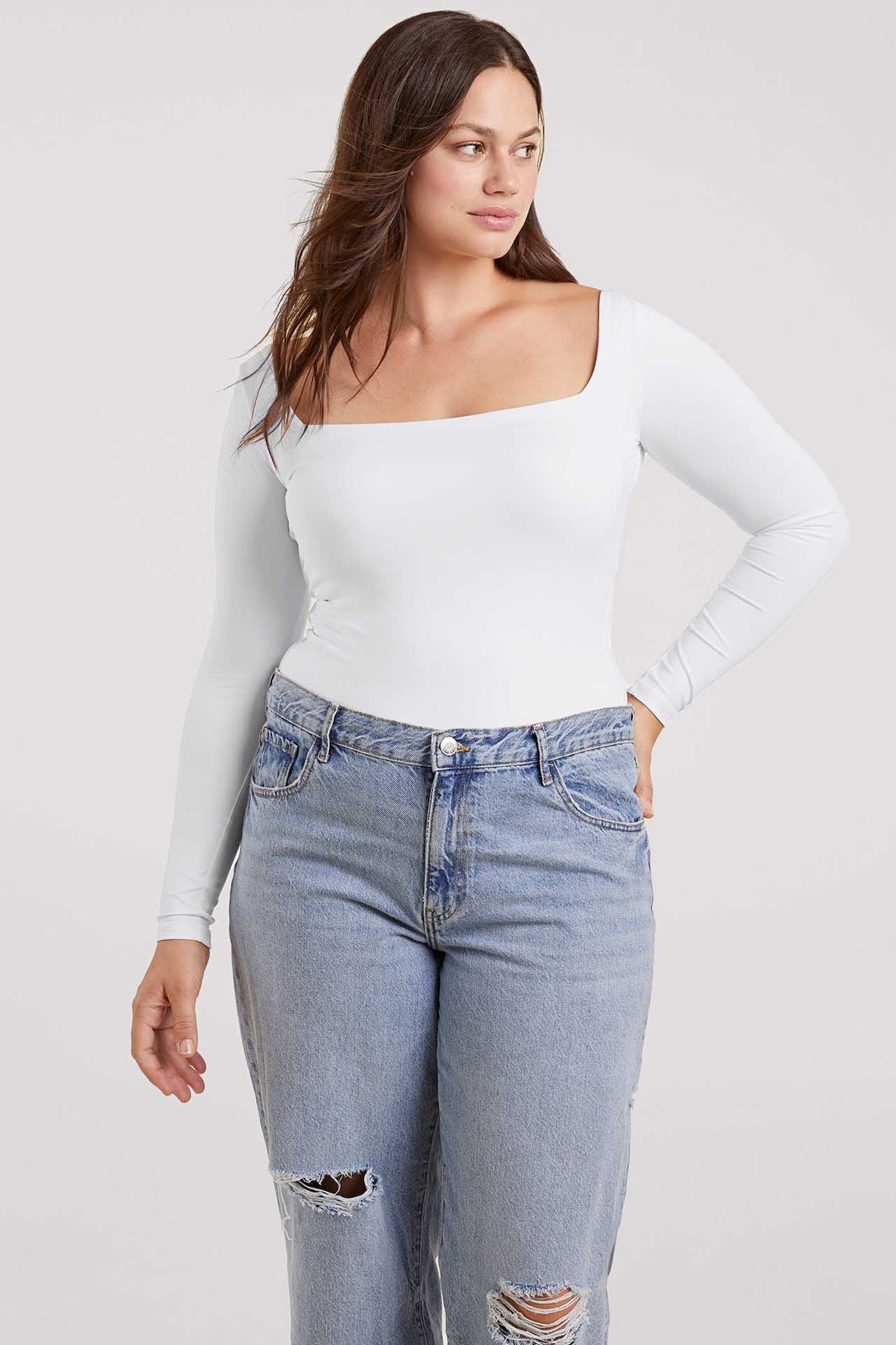 Long Sleeve Wide Square Neck Bodysuit | White
