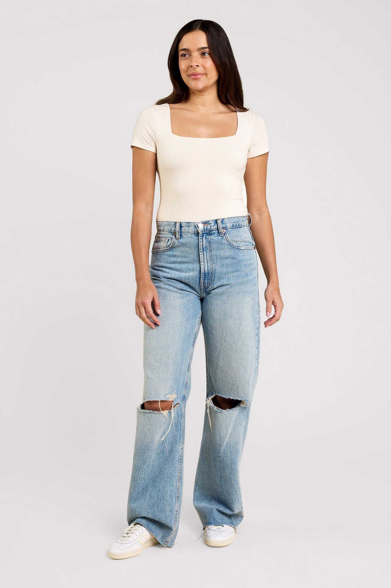 Cotton Stretch Short Sleeve Square Neck Bodysuit | Heather Bone