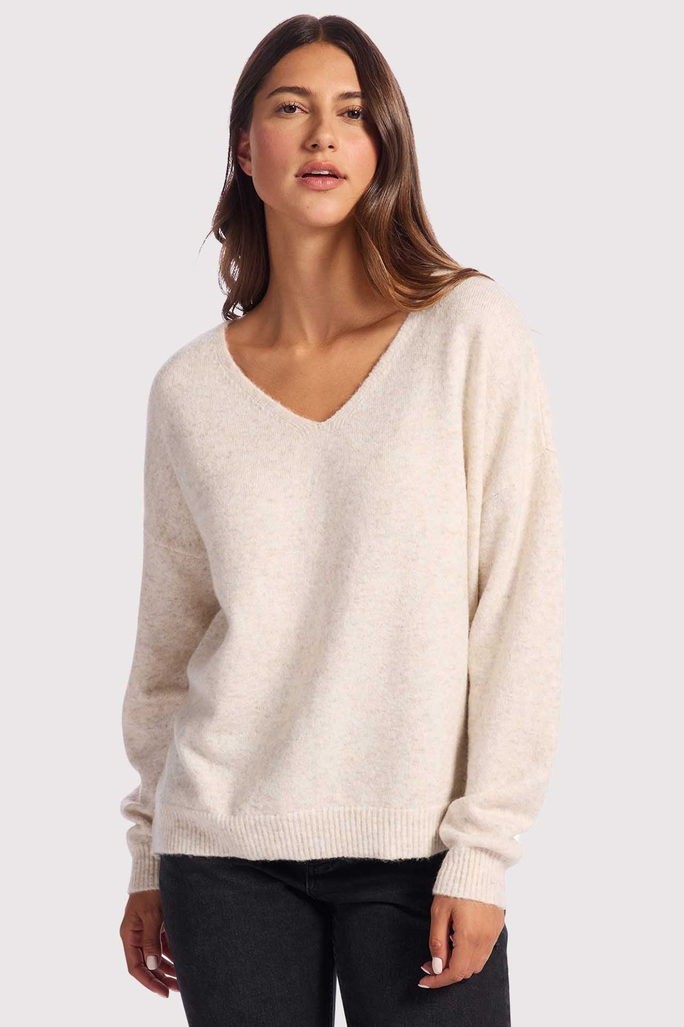 Cozy Knit V-Neck Sweater | Heather Bone