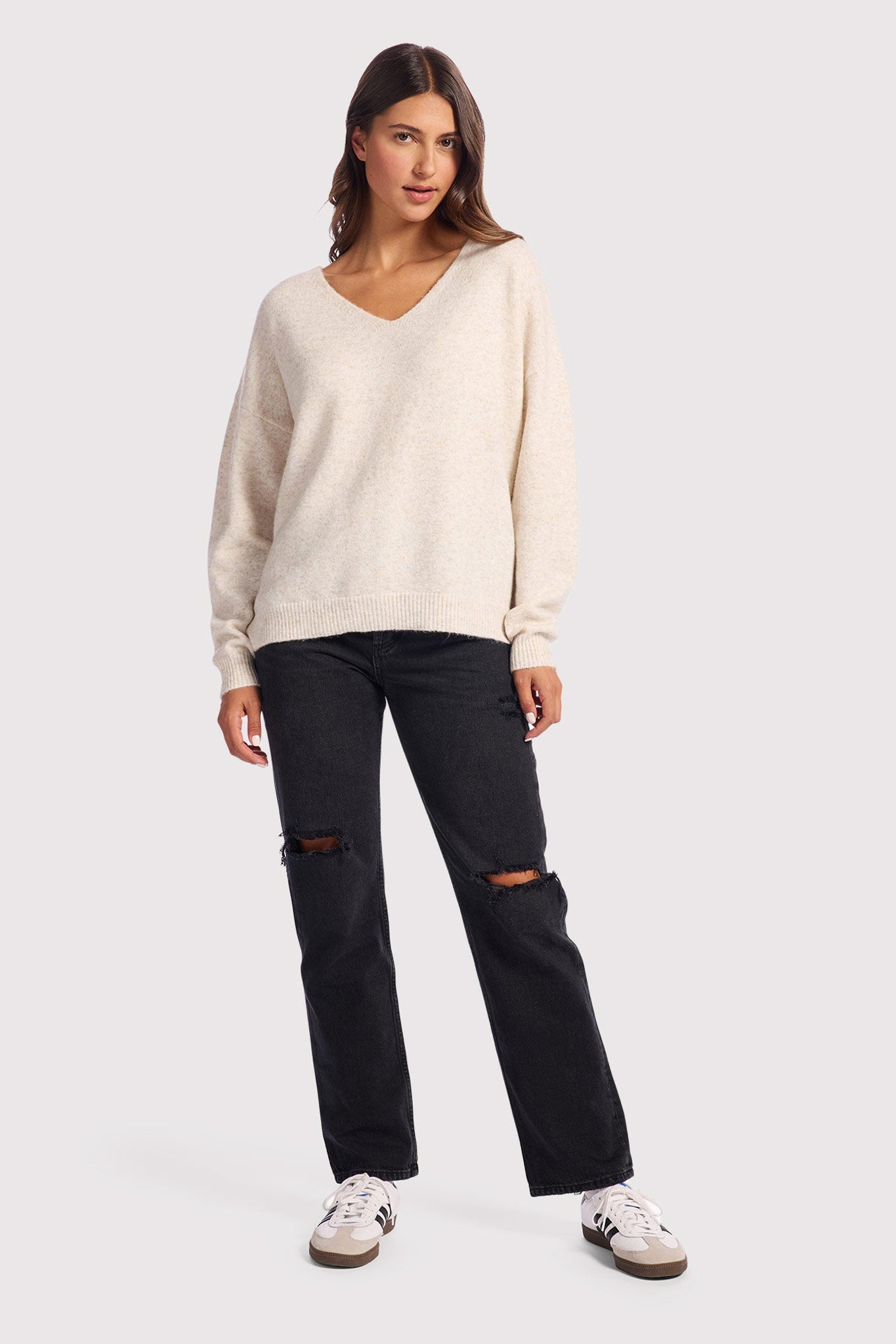 Cozy Knit V-Neck Sweater | Heather Bone