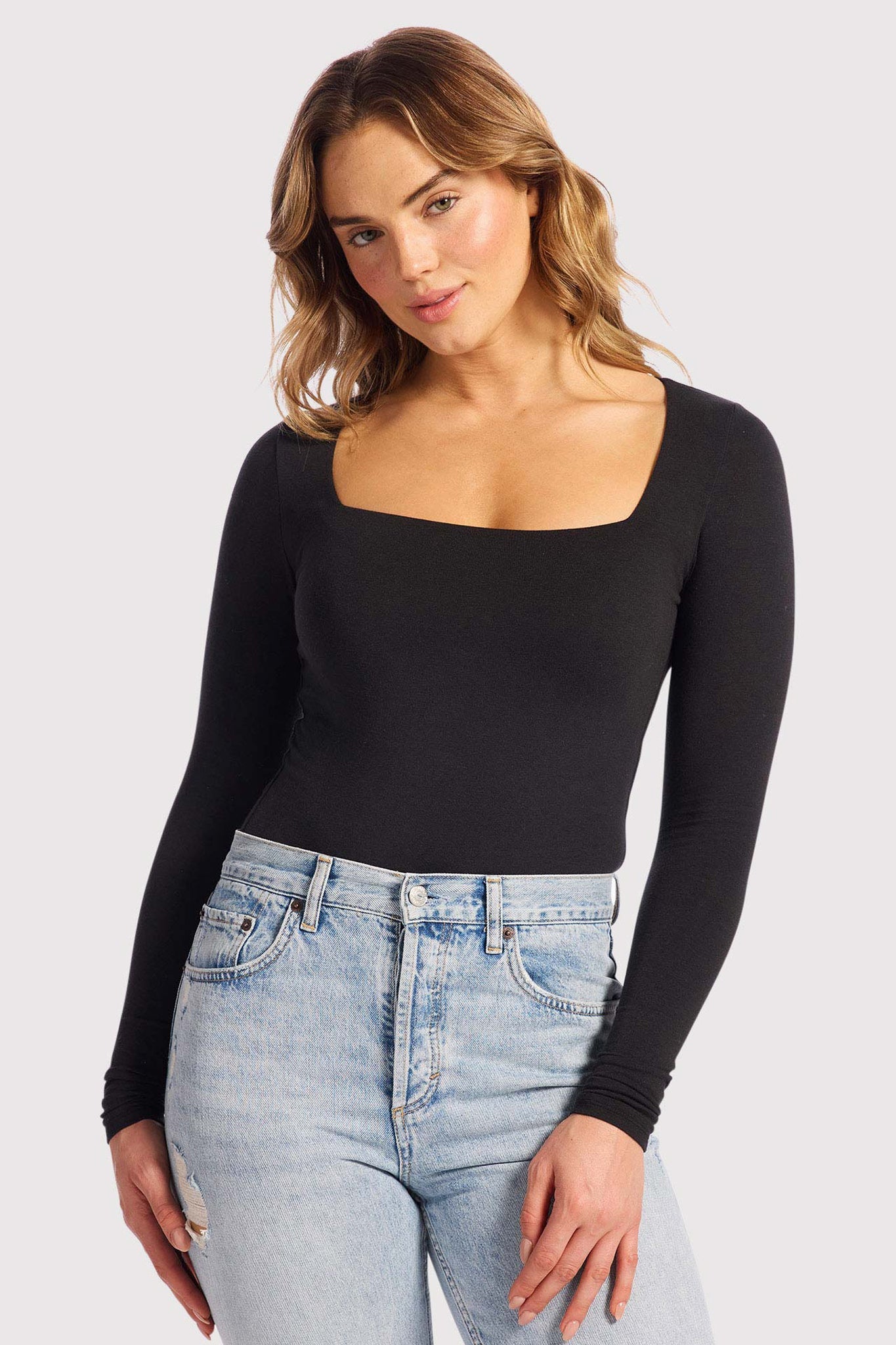 Cotton Stretch Long Sleeve Square Neck Bodysuit