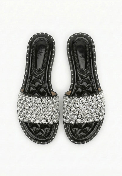 Dazzle Dream Black Diamante Flat Sandals