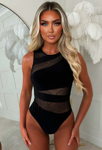 Can't Handle This Black Mesh Jersey Cut Out Bodysuit