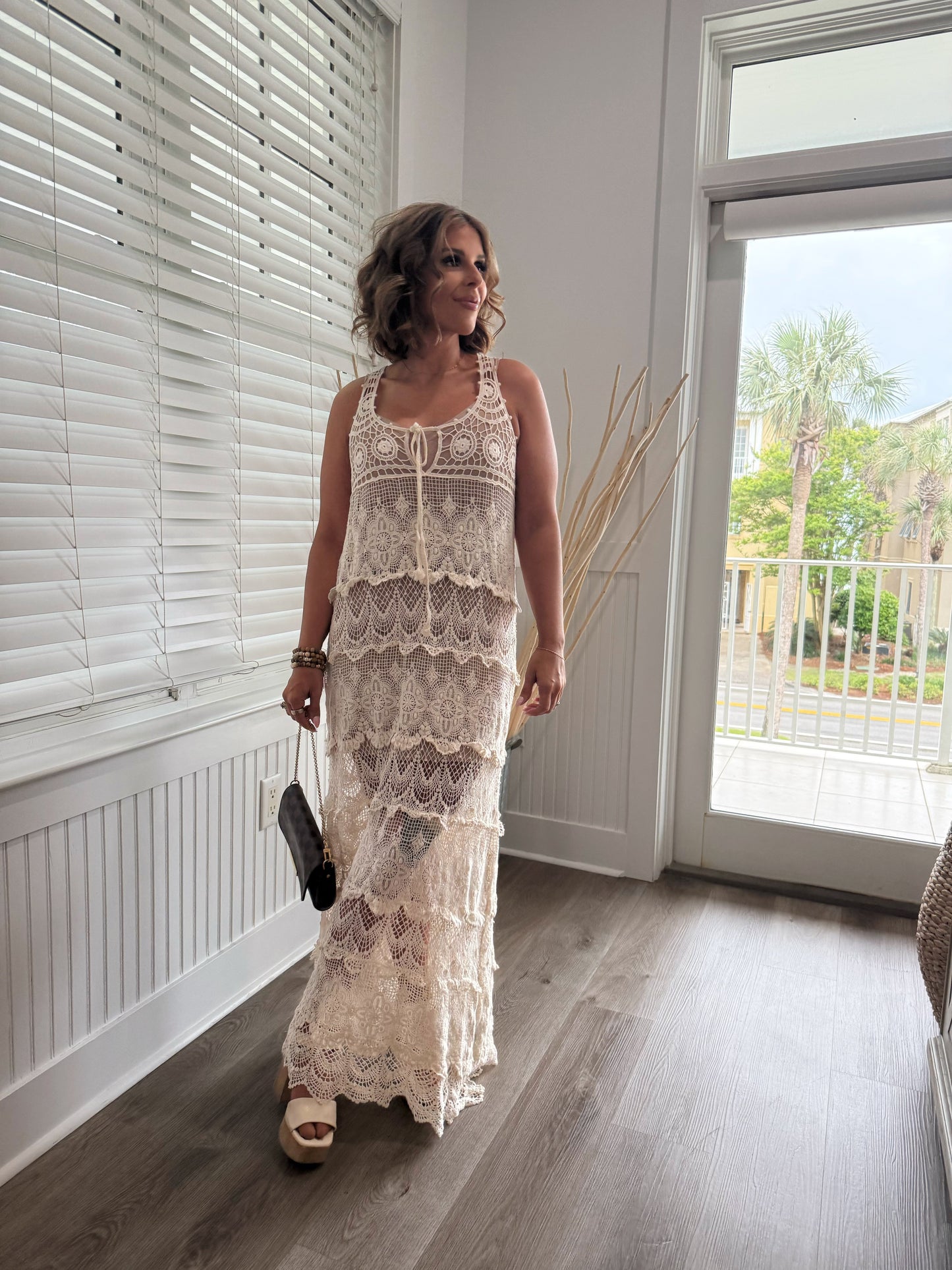 Into The Sun Crochet V Neck Maxi Dress, Natural