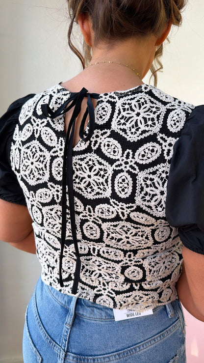 Antique Lace Puff Sleeve Top, Black
