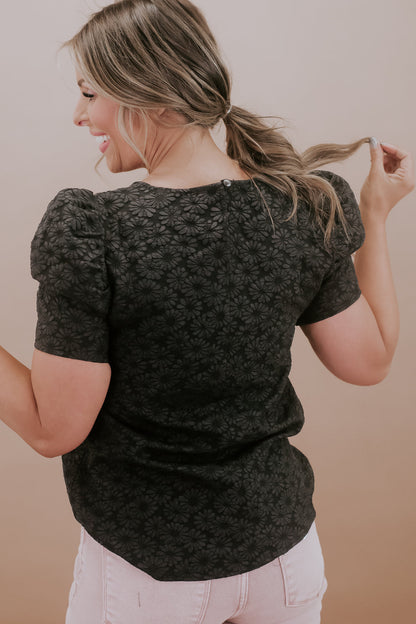 Flower Jacquard Puff Sleeve Blouse, Black