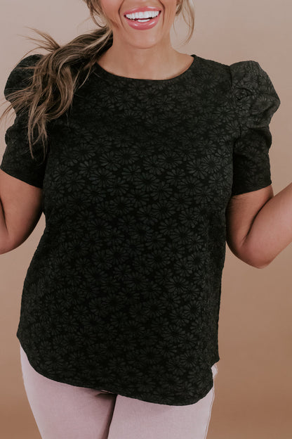 Flower Jacquard Puff Sleeve Blouse, Black