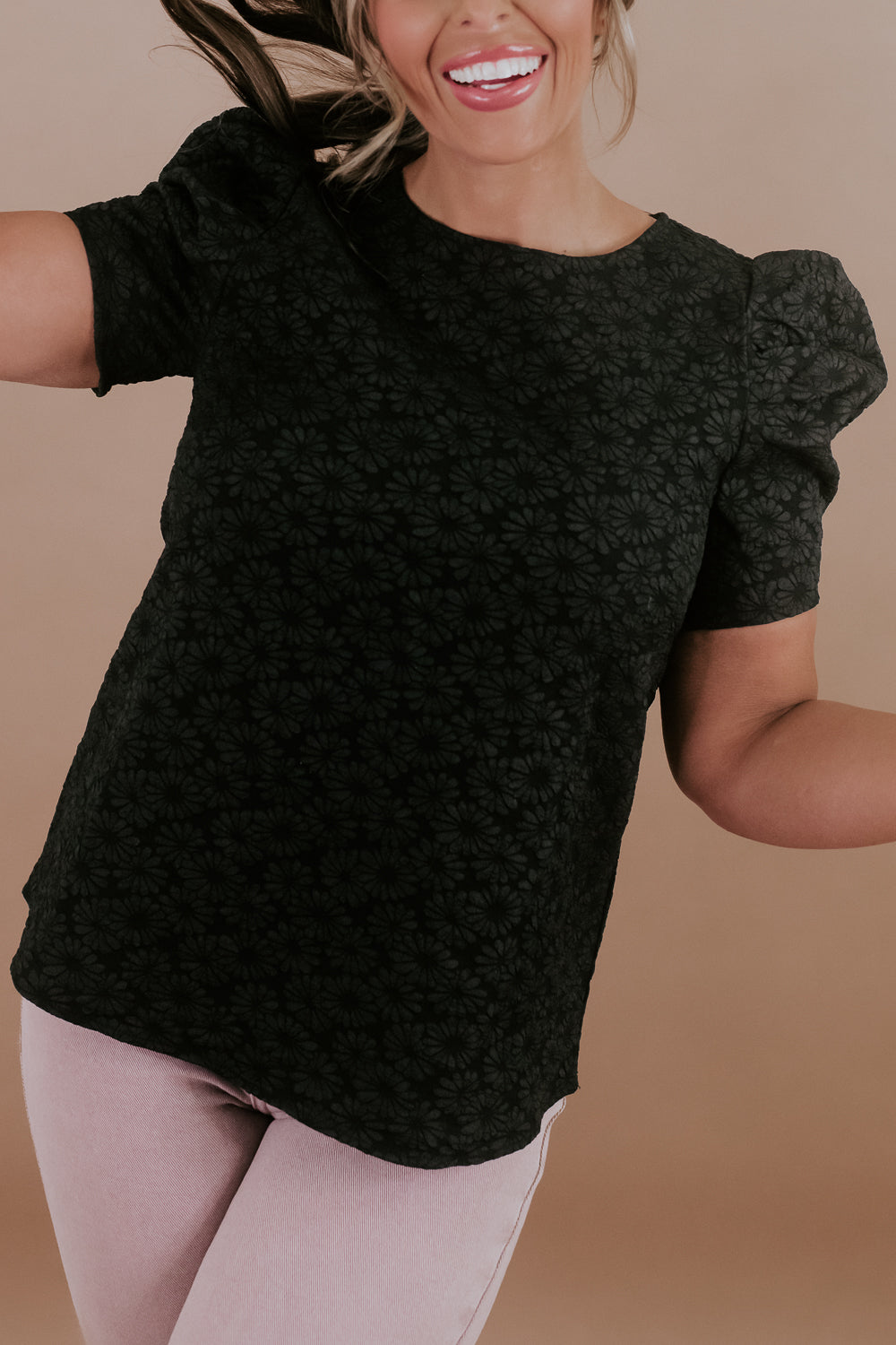Flower Jacquard Puff Sleeve Blouse, Black