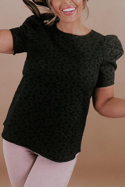 Flower Jacquard Puff Sleeve Blouse, Black