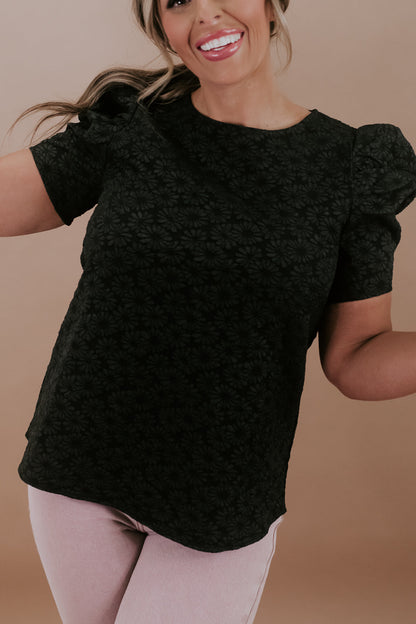 Flower Jacquard Puff Sleeve Blouse, Black