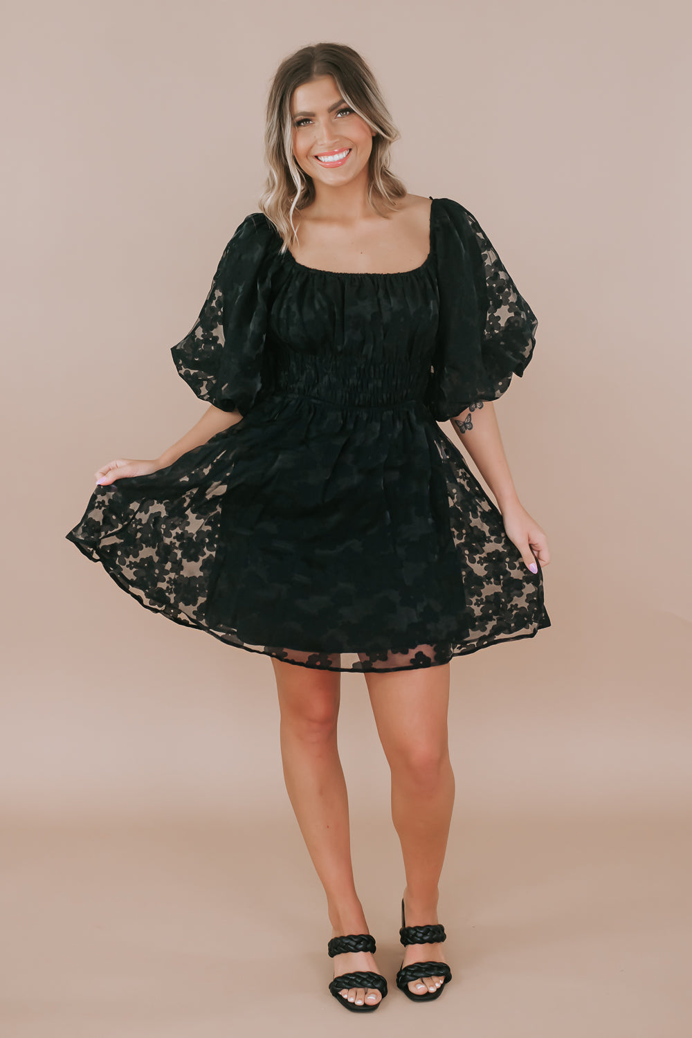 Floral Puff Sleeve Mini Dress, Black