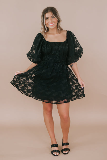 Floral Puff Sleeve Mini Dress, Black