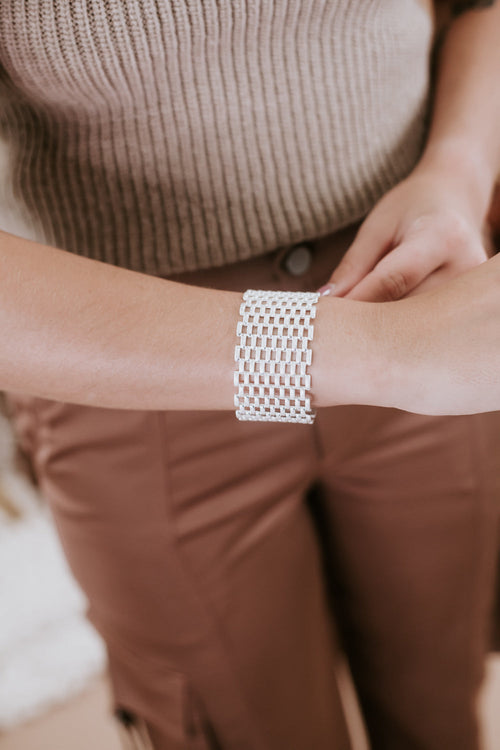 Linked Wide Metal Cuff, Silver