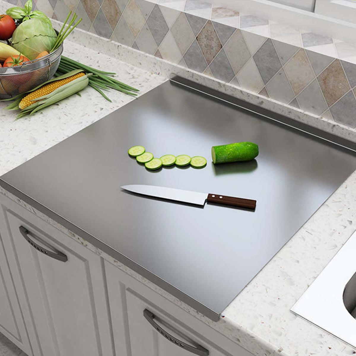 Heavy-duty stainless steel cutting board for the kitchen, with raised edges, non-slip surface, and knife protection