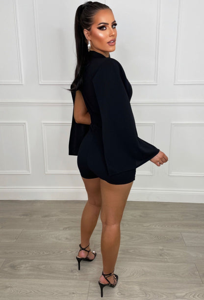 Bold Moves Black Drape Sleeve Belted Playsuit