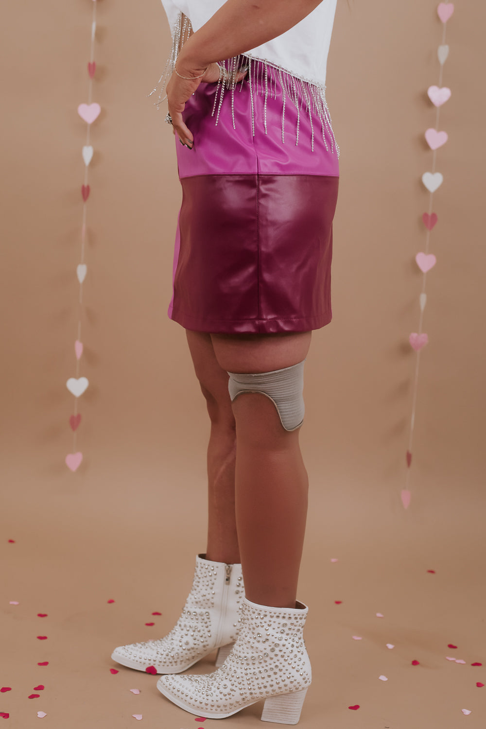 Colorblock Squared Leather Skirt, Pink/Red