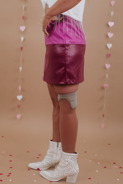 Colorblock Squared Leather Skirt, Pink/Red