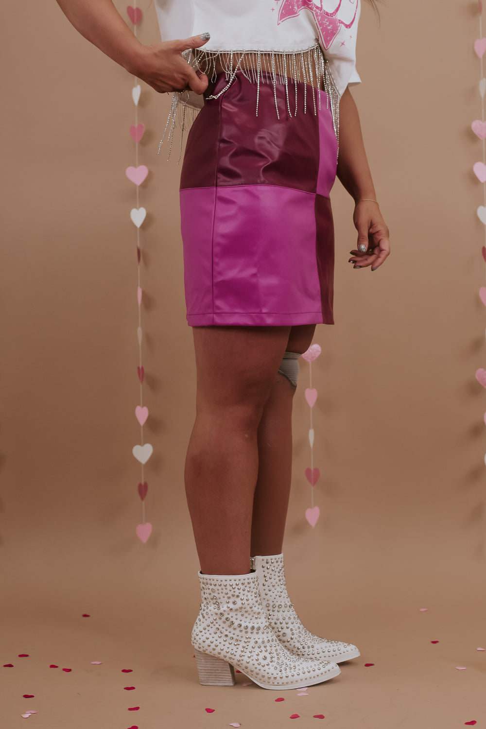 Colorblock Squared Leather Skirt, Pink/Red