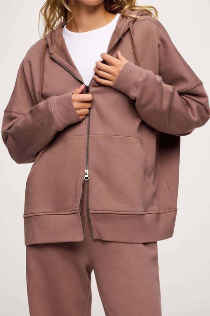 Core Fleece Two Way Zip Hoodie | Cocoa