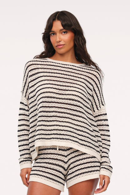 Cotton Crochet Sweater | Bone Stripe