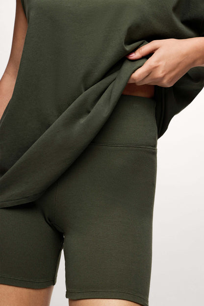 Ribbed Biker Short Set | Darkest Olive