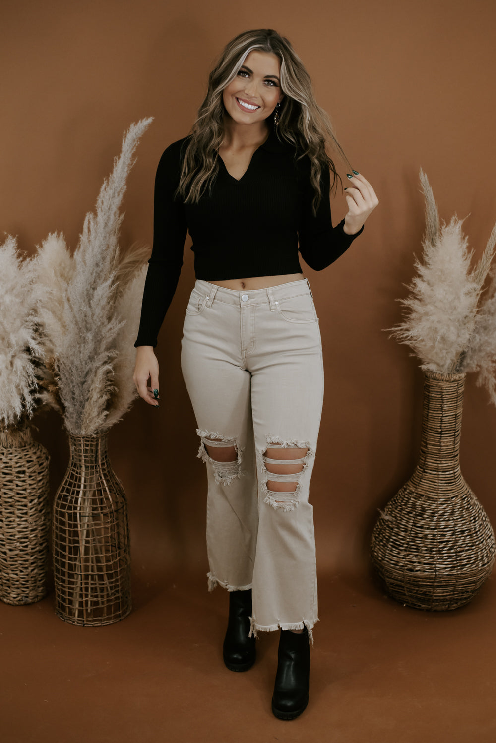Heading Out V Neck Cropped Sweater, Black