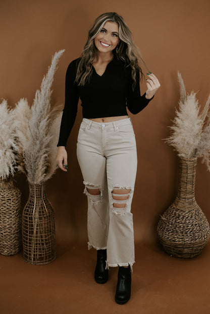Heading Out V Neck Cropped Sweater, Black
