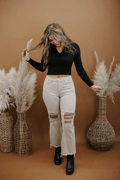 Heading Out V Neck Cropped Sweater, Black