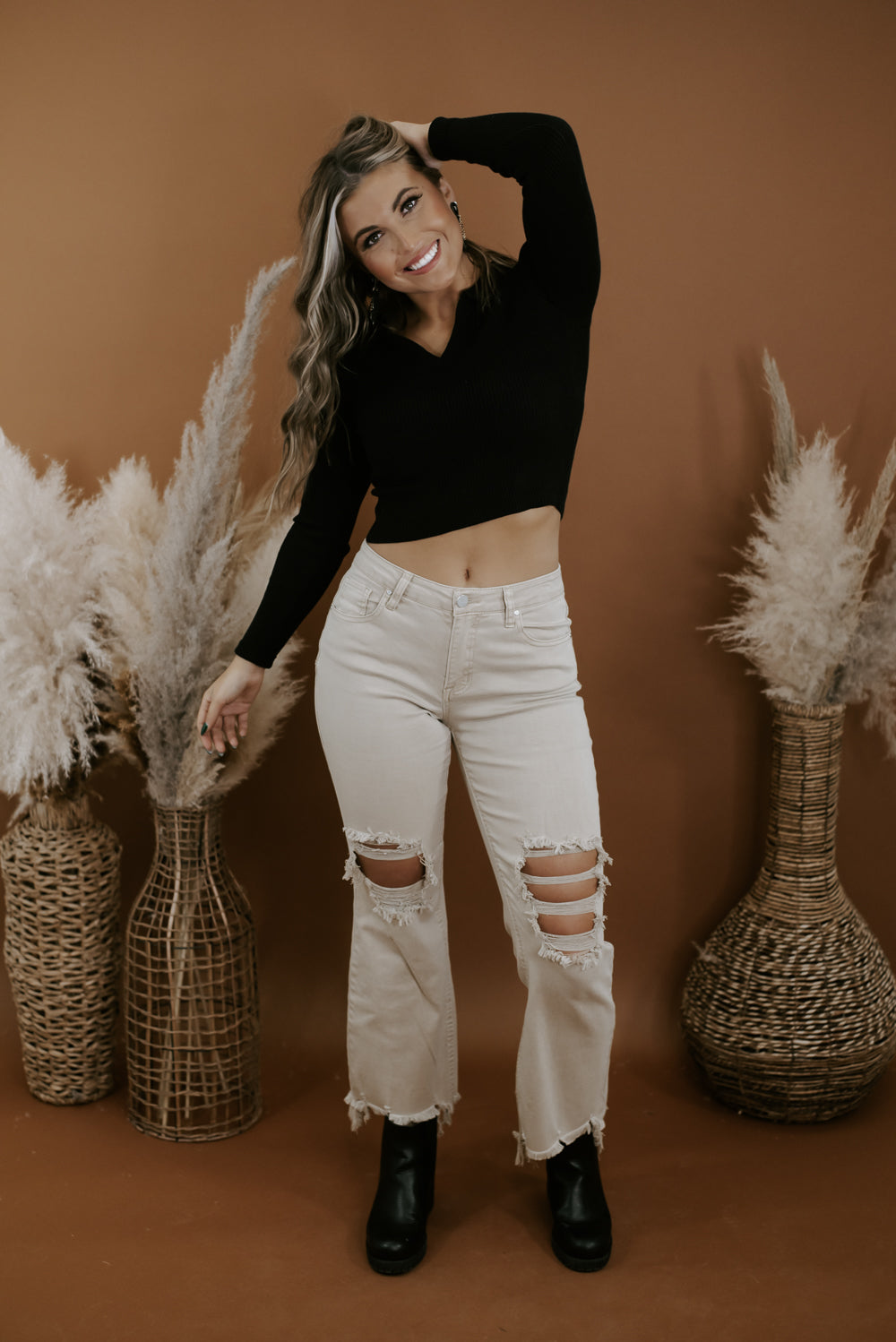 Heading Out V Neck Cropped Sweater, Black