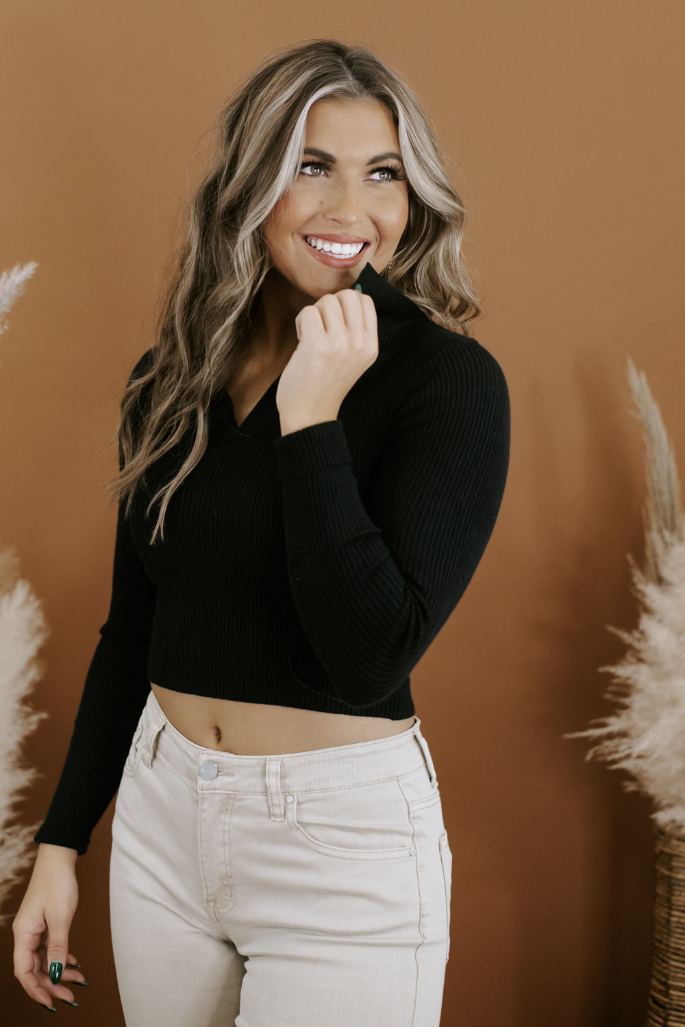 Heading Out V Neck Cropped Sweater, Black