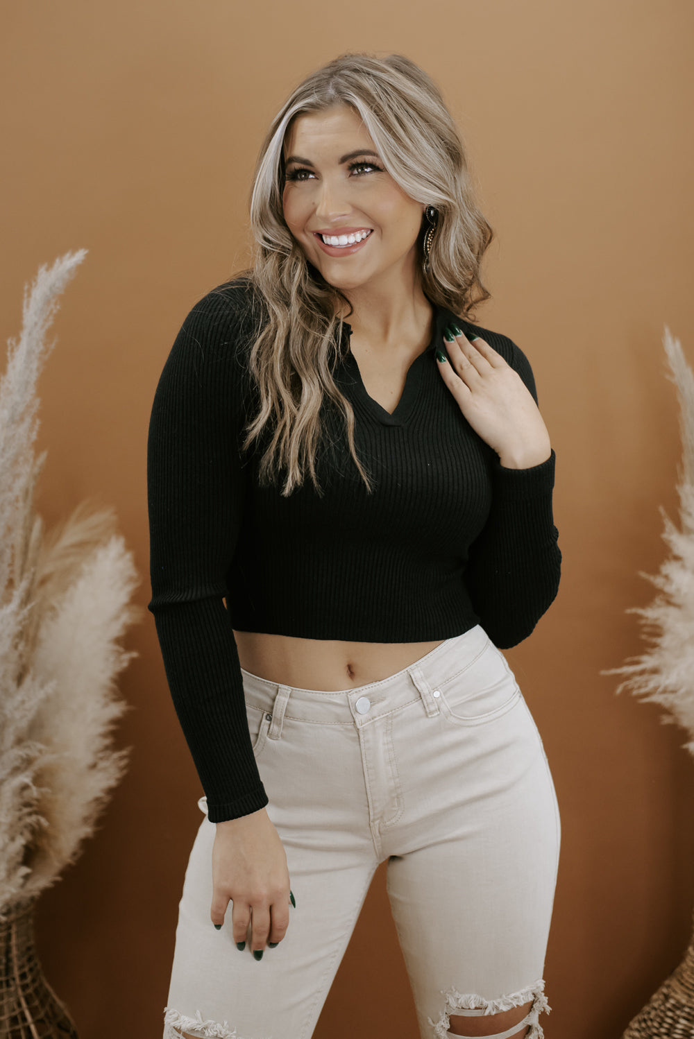 Heading Out V Neck Cropped Sweater, Black