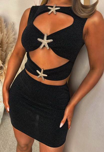 A-list Behaviour Black Lurex Starfish Detail Skirt Co-ord Set