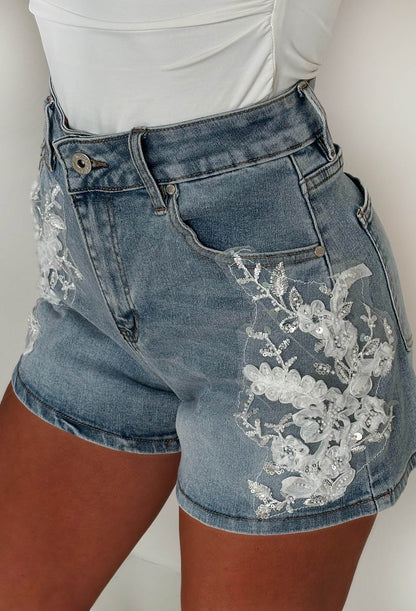 Agnetha Mid Blue Stretch Denim Lace & Flower Shorts