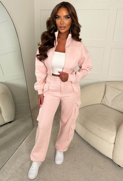Airport Ready Pink Zipped Jacket & Cargo Jogger Set