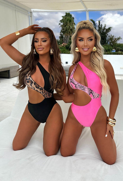 Algarve Hot Pink One Shoulder Snake Sequin Cut Out Swimsuit