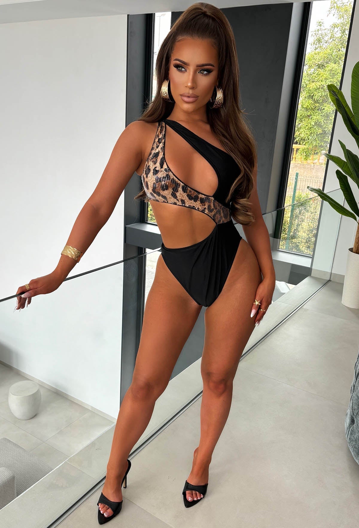 Algarve Leopard One Shoulder Leopard Sequin Cut Out Swimsuit
