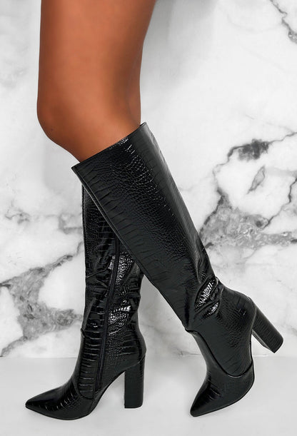 All You Want Black Croc Effect Knee High Block Heel Boots