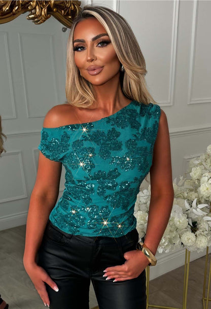 Aloha Babe Teal Off Shoulder Sequin Top