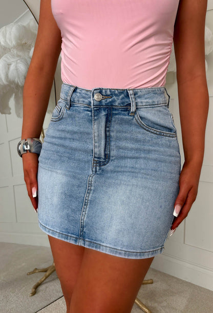 Always A Drama Mid Blue Stretch Denim Hot Fix Skirt