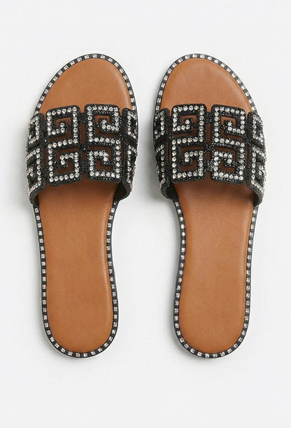 Always Be Mine Black Diamante Embellished Flat Sandals