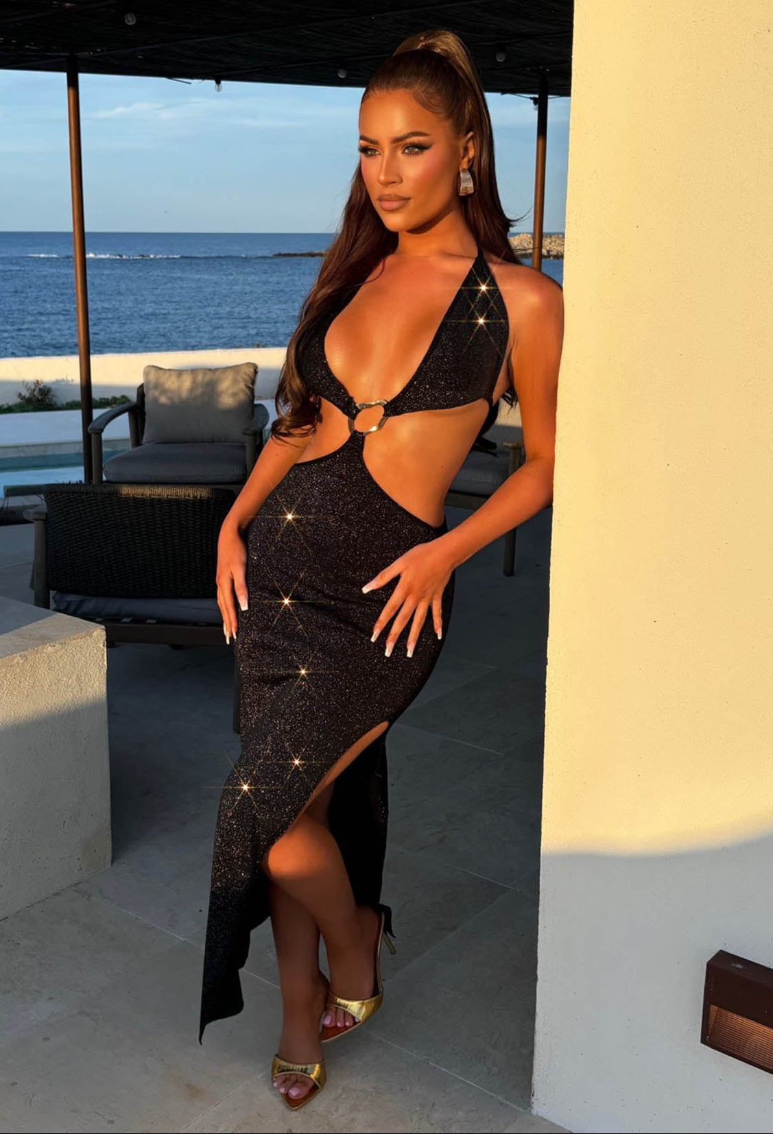 Always Changing Black Halter Neck Lurex Dress