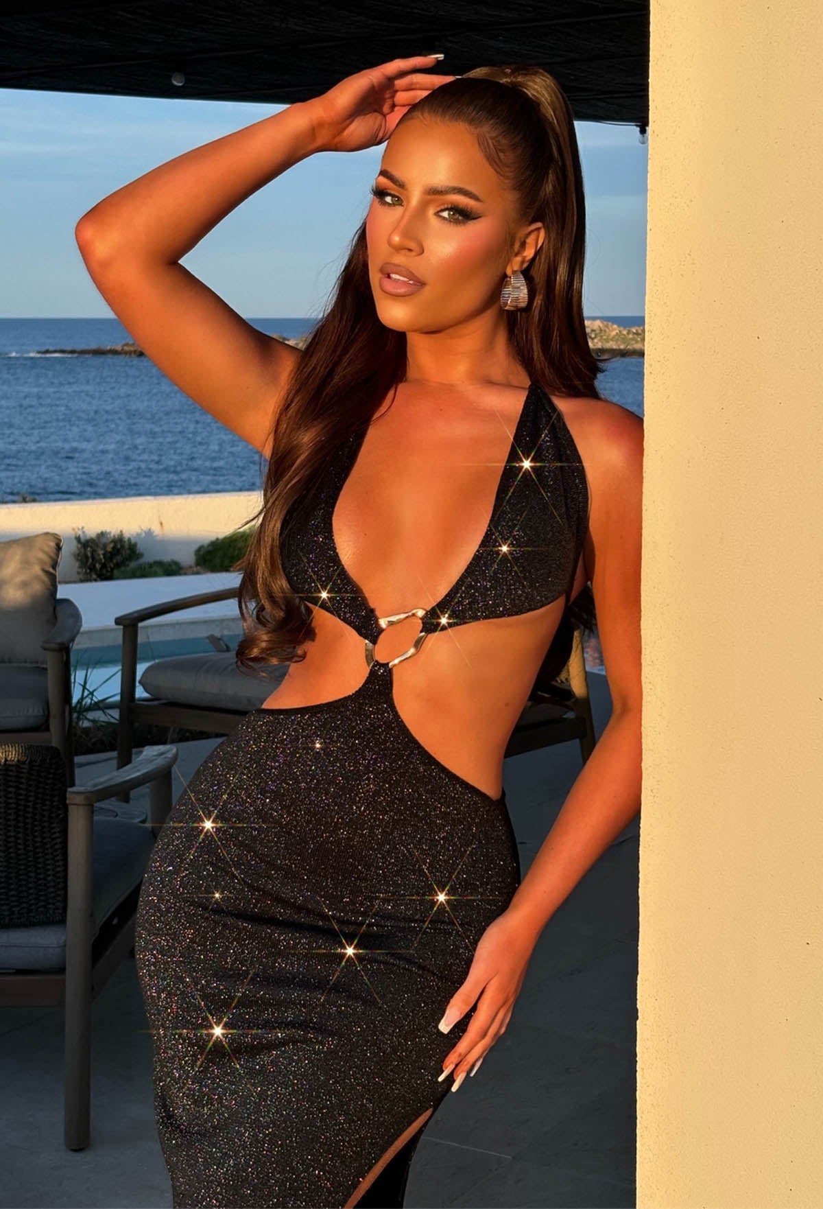 Always Changing Black Halter Neck Lurex Dress