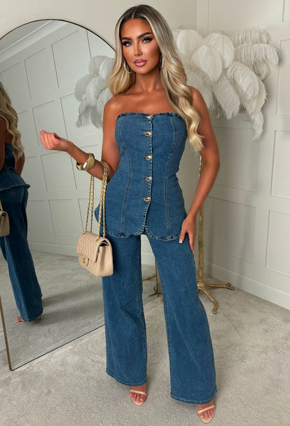 Always Cool Mid Blue Stretch Denim Gold Button Bandeau Top & Jeans Co-ord Set