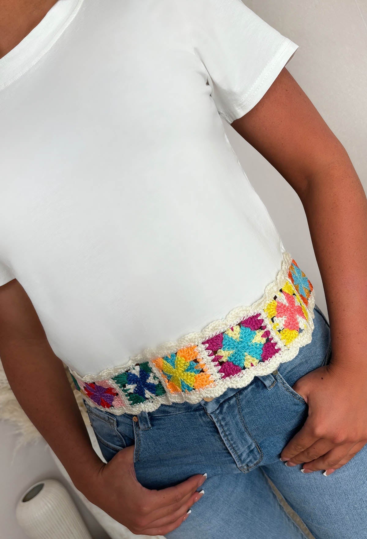 Always Daydreaming White Crochet Hem T-Shirt