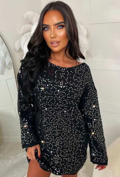 Always You Black Sequin Knitted Bow Back Dress