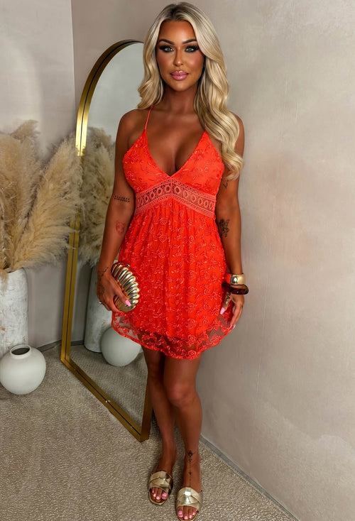 Amara Coral Crochet Trim Lace Mini Dress With Open Back