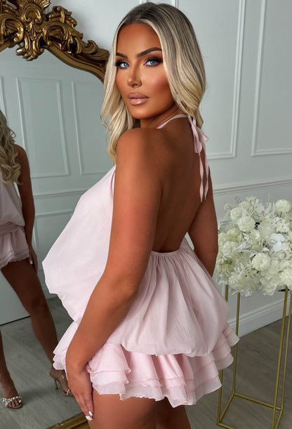 Amnesia Angel Light Pink Pearl Detail Tiered Halterneck Playsuit