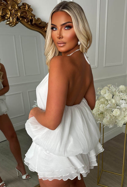 Amnesia Angel White Pearl Detail Tiered Halterneck Playsuit