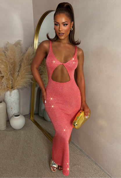 Annalise Coral Knitted Sequin Reversible Maxi Cut Out Dress